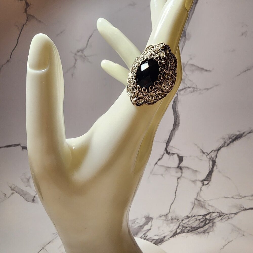 Vintage 925 Silver Black Onyx Filigree Ring - Picture 8 of 8